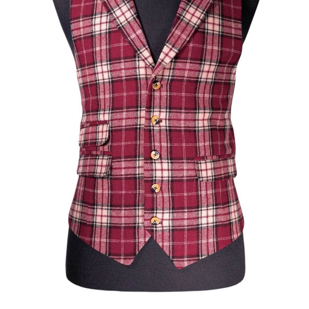 Mens 42R Wool Vest Burgundy Cream Plaid Waistcoat Classic Formal Wedding Party - Picture 5 of 10